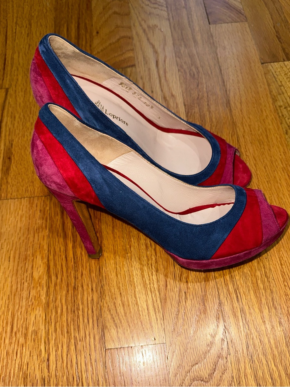 Michele Lopriore Color Block Suede Peep-Toe Heels Size 38